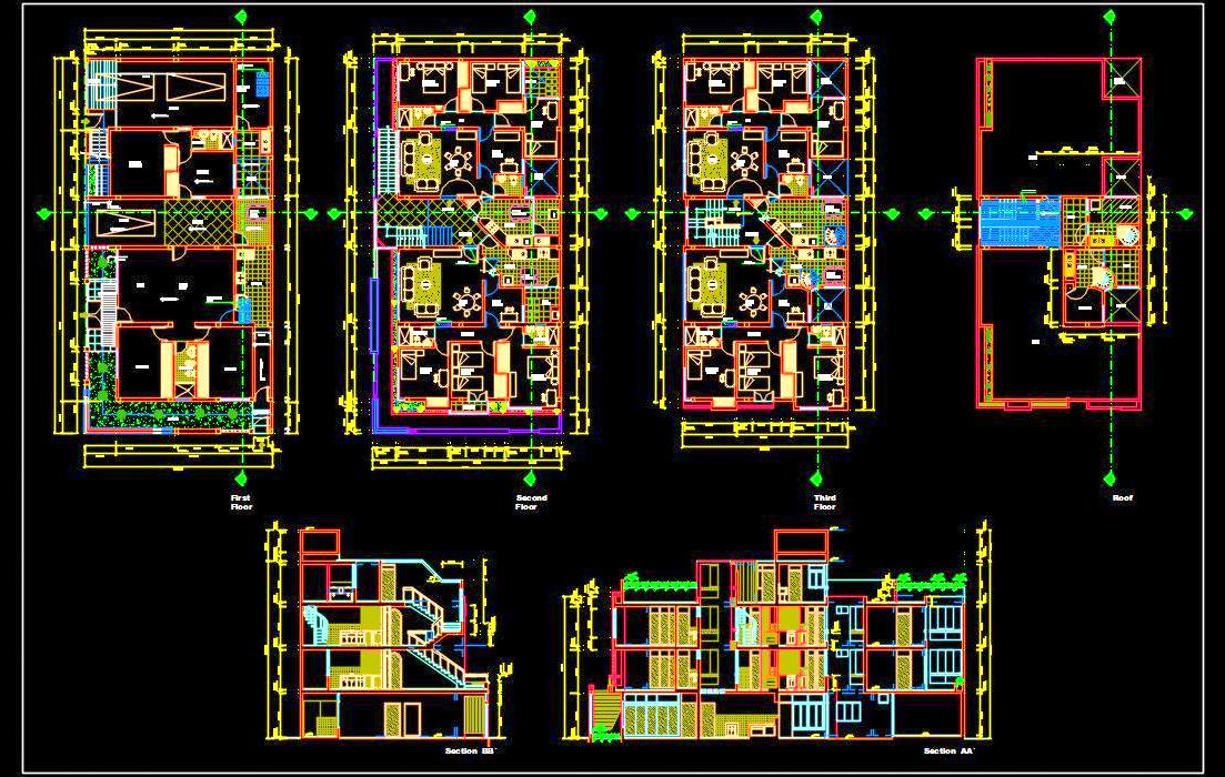 Multi-Family House Design DWG 12x24m, G+2 Floors